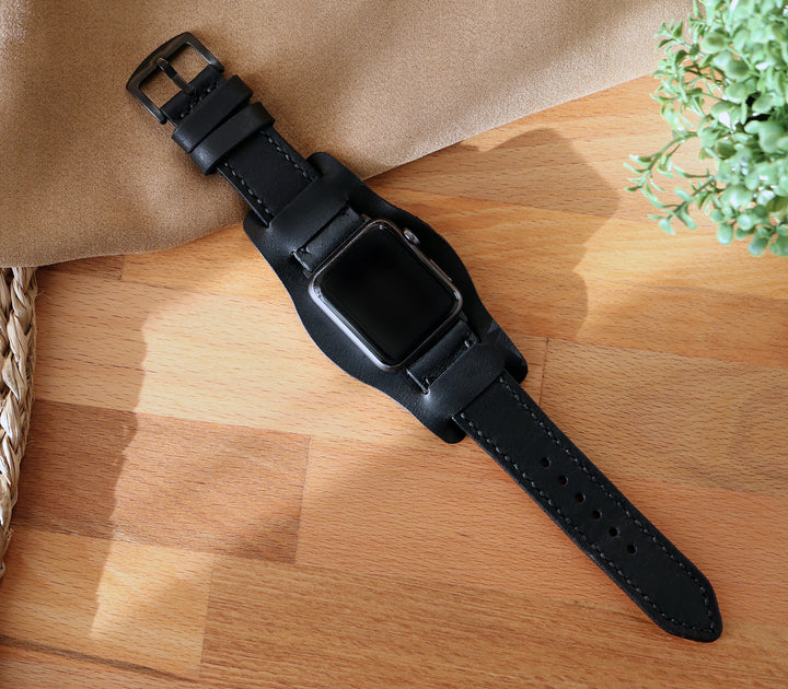 Bund Strap - Çift Kat Deri Apple Watch Kayışı - Siyah - Roarcraft TR