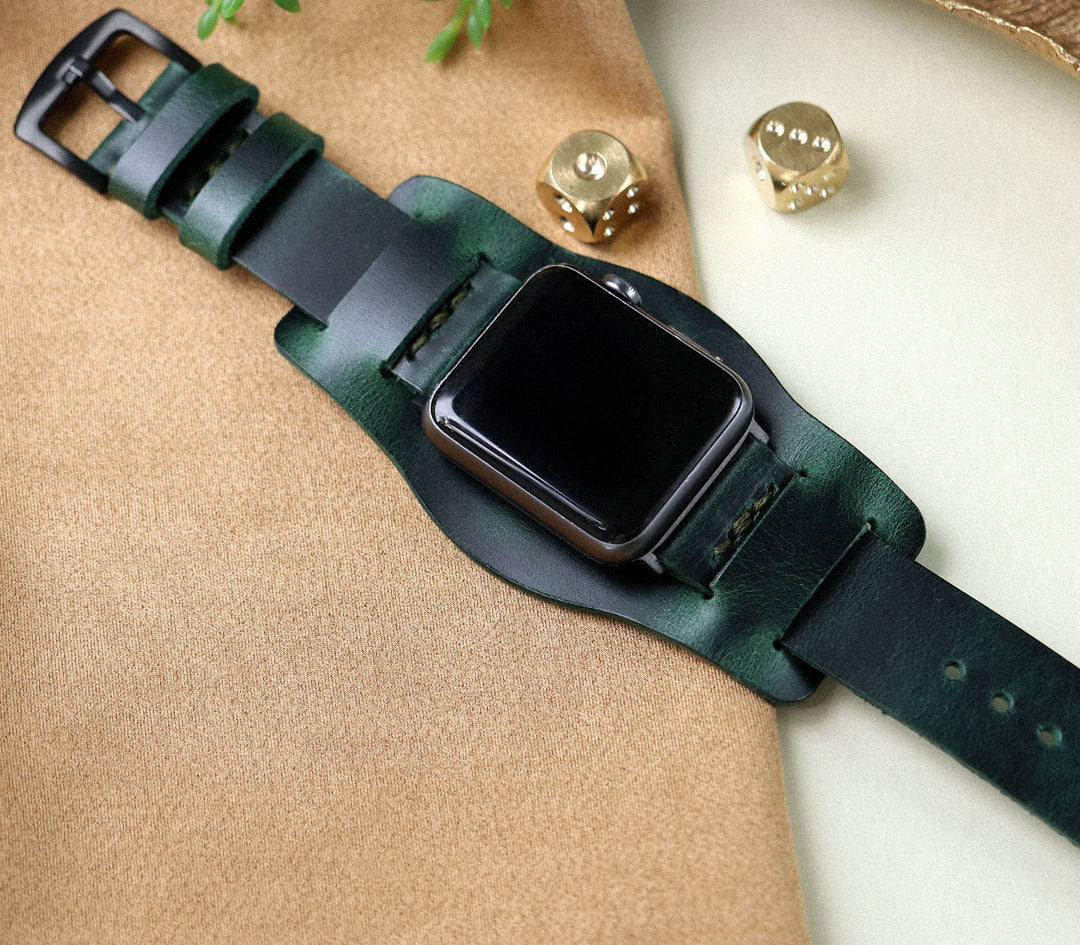 Bund Strap - Tek Kat Deri Apple Watch Kordon - Orman Yeşili - Roarcraft TR