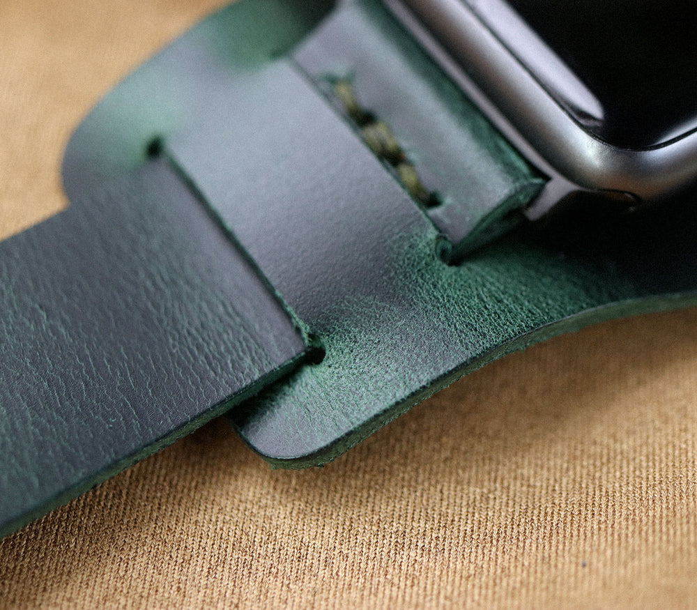 Bund Strap - Tek Kat Deri Apple Watch Kordon - Orman Yeşili - Roarcraft TR