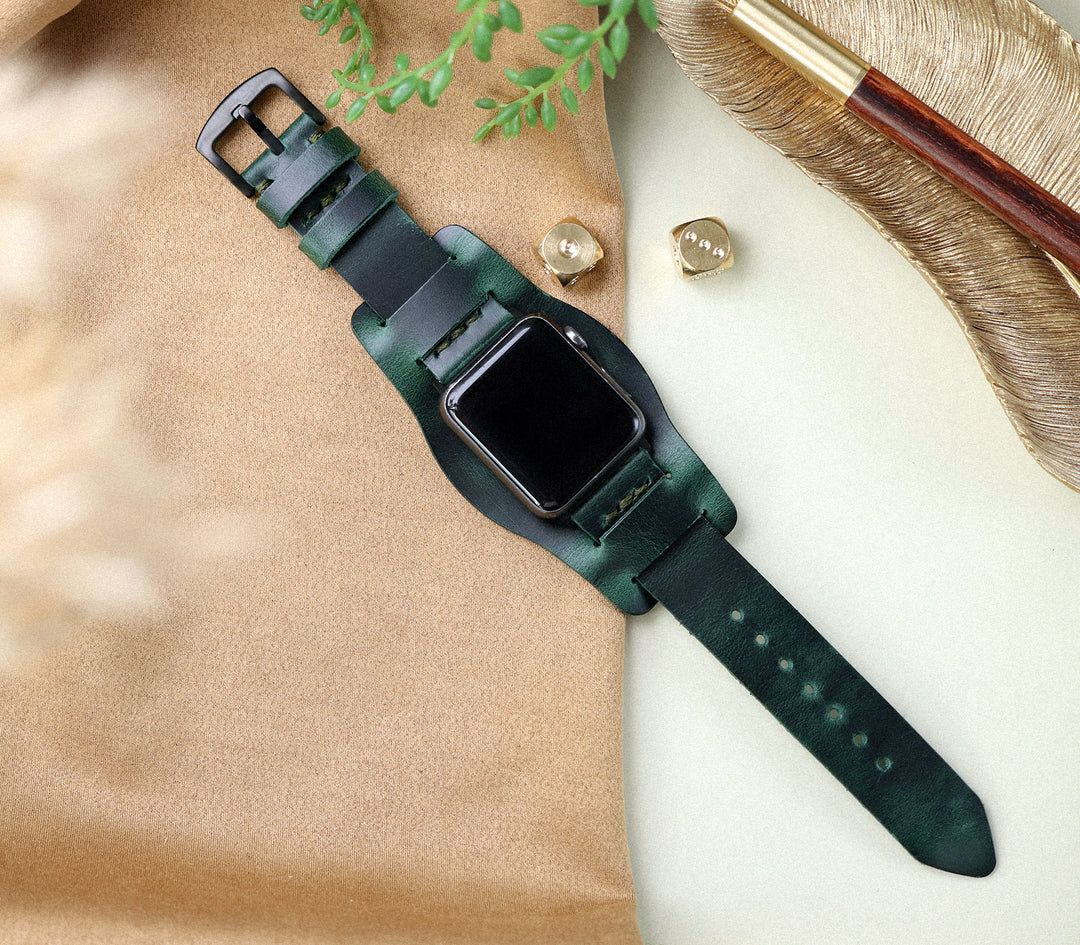 Bund Strap - Tek Kat Deri Apple Watch Kordon - Orman Yeşili - Roarcraft TR