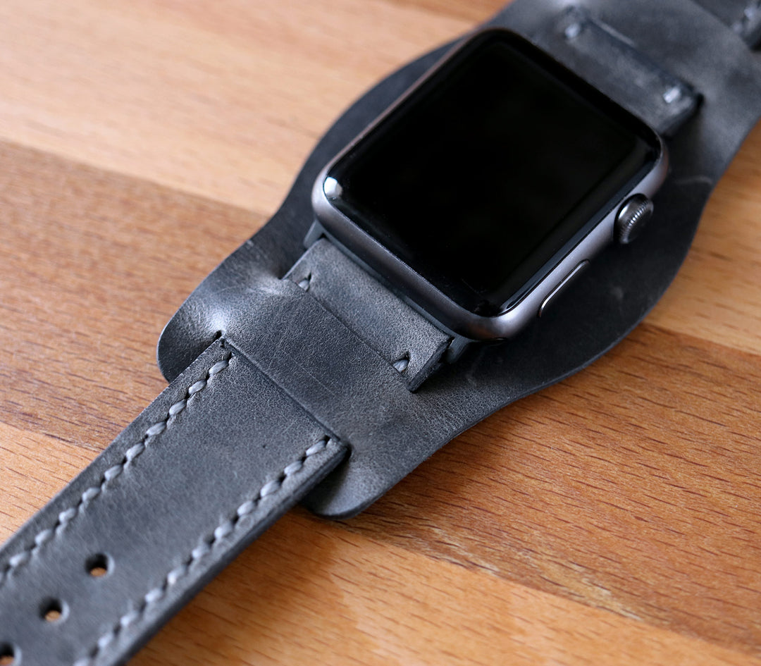 Bund Strap - Çift Kat Deri Apple Watch Kayışı - Antik Gri - Roarcraft TR