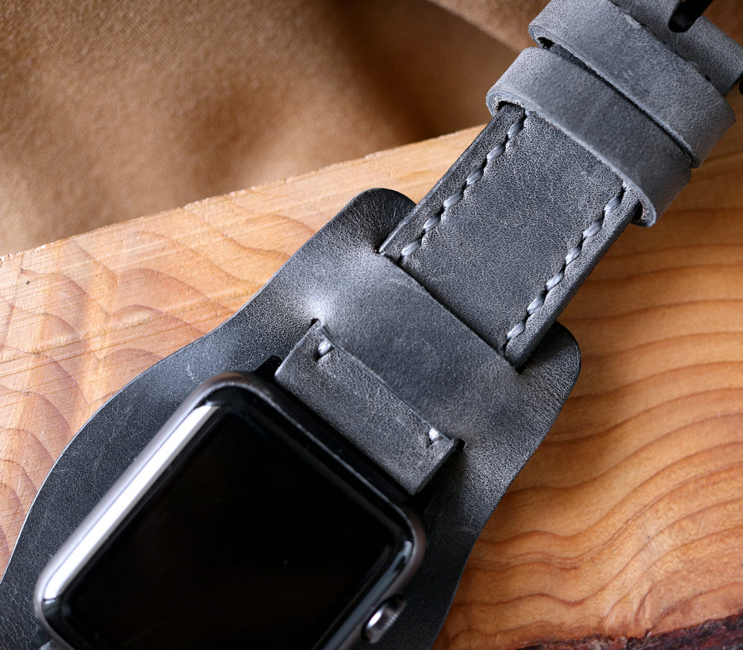 Bund Strap - Çift Kat Deri Apple Watch Kayışı - Antik Gri - Roarcraft TR