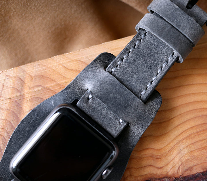 Bund Strap - Çift Kat Deri Apple Watch Kayışı - Antik Gri - Roarcraft TR