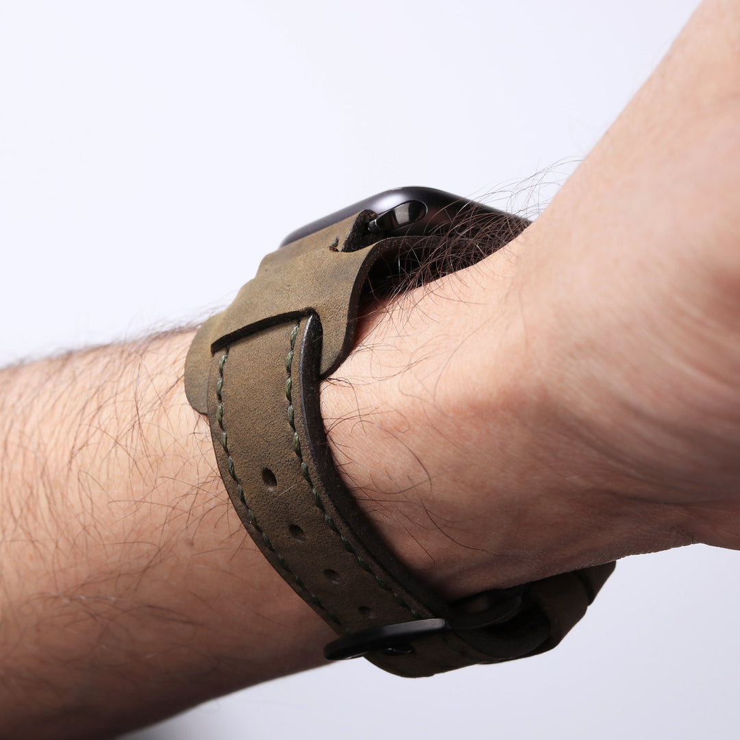 Bund Strap - Çift Kat Deri Apple Watch Kayışı - Antik Yeşil - Roarcraft TR