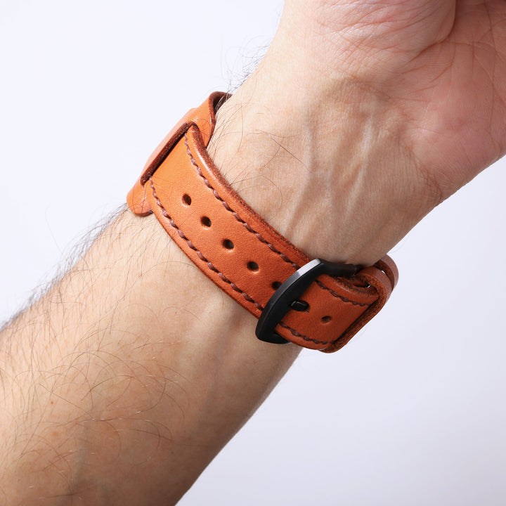 Bund Strap - Çift Kat Deri Apple Watch Kayışı - Konyak - Roarcraft TR