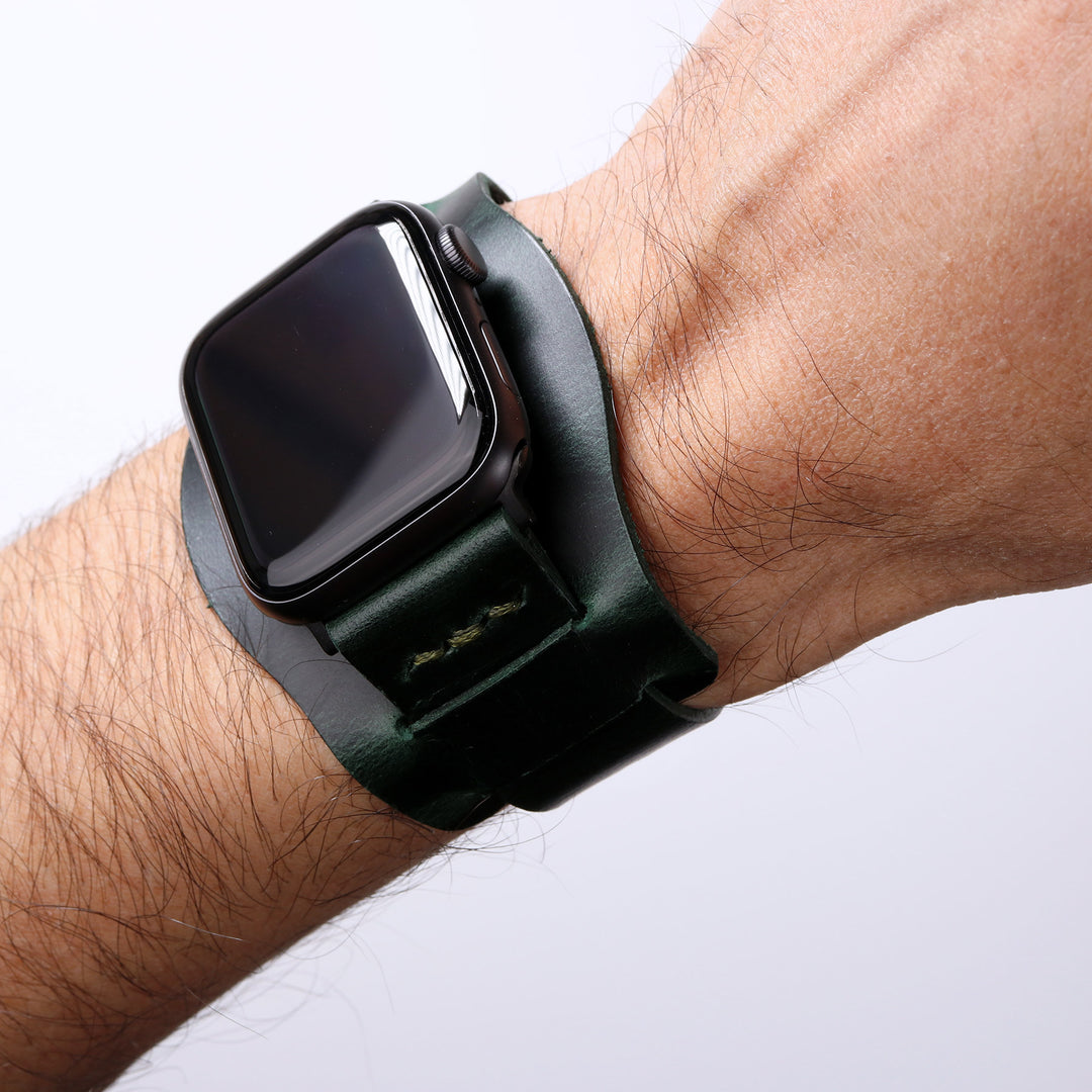 Bund Strap - Tek Kat Deri Apple Watch Kordon - Orman Yeşili - Roarcraft TR