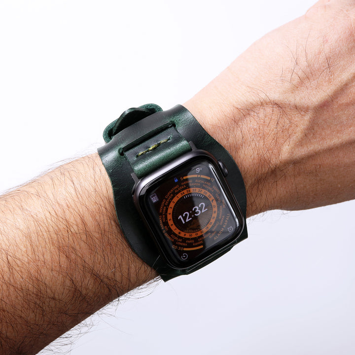 Bund Strap - Tek Kat Deri Apple Watch Kordon - Orman Yeşili - Roarcraft TR