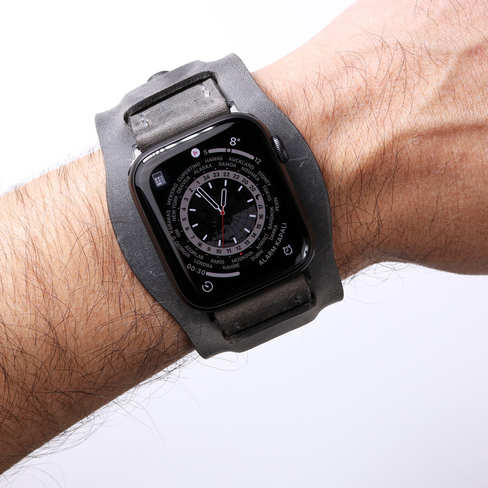 Bund Strap - Çift Kat Deri Apple Watch Kayışı - Antik Gri - Roarcraft TR