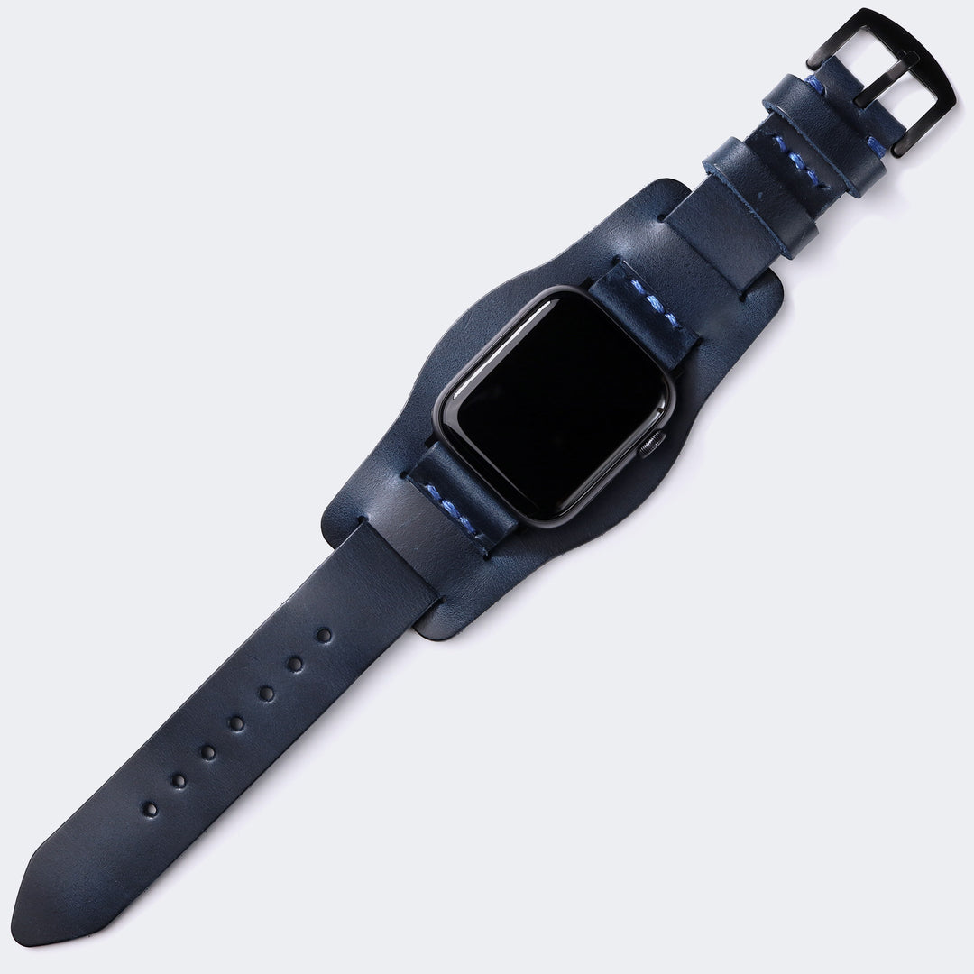 Bund Strap - Tek Kat Deri Apple Watch Kordon - Indigo Mavi - Roarcraft TR