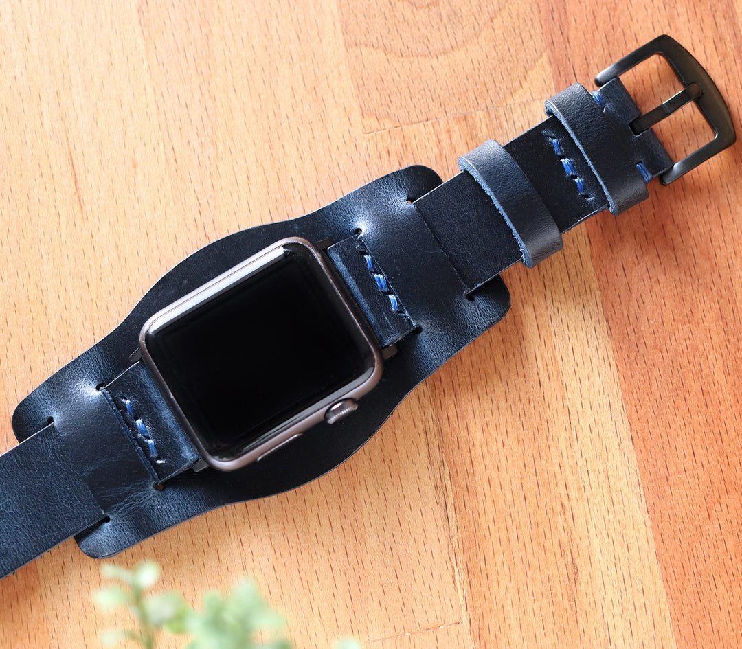 Bund Strap - Tek Kat Deri Apple Watch Kordon - Indigo Mavi - Roarcraft TR