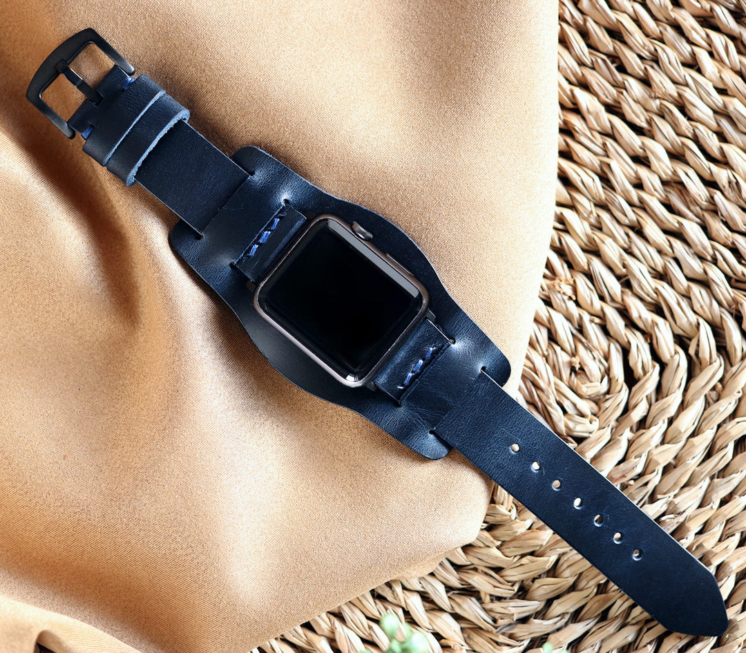 Bund Strap - Tek Kat Deri Apple Watch Kordon - Indigo Mavi - Roarcraft TR