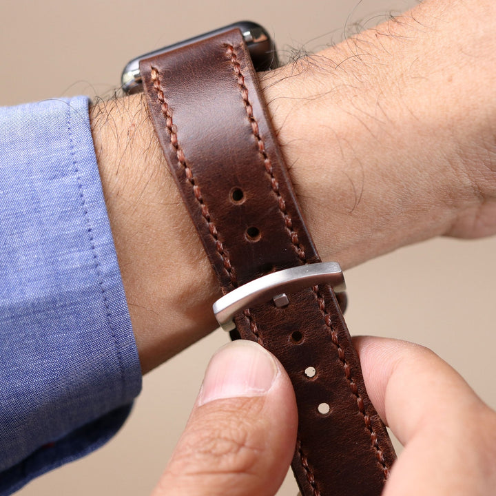 Çift Kat Deri Apple Watch Kayışı - Antik Kahve - Roarcraft TR
