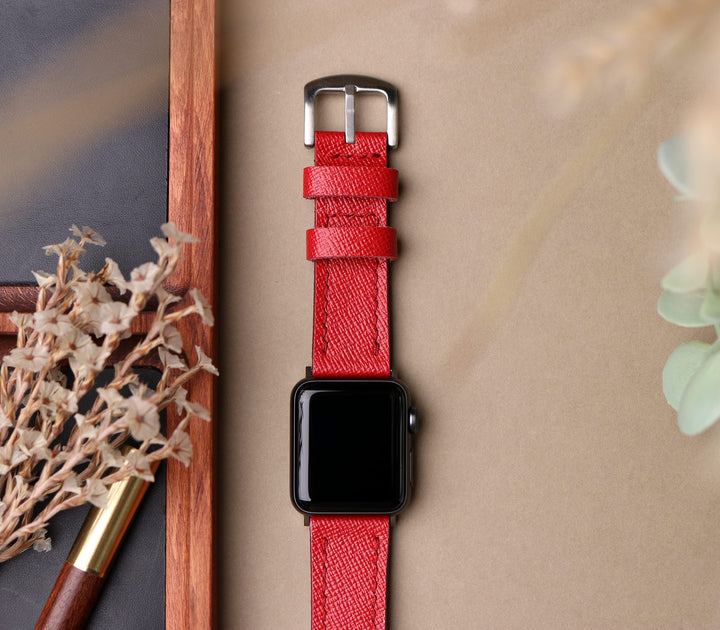 Saffiano Deri Apple Watch Kayış - Ateş Kırmızı - Roarcraft TR