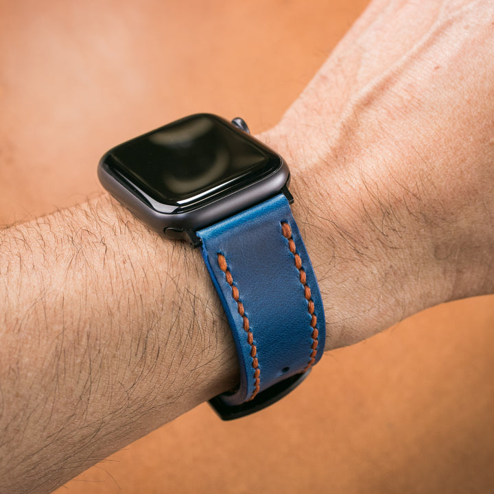 Çift Kat Deri Apple Watch Kayışı - Kobalt Mavi - Roarcraft TR