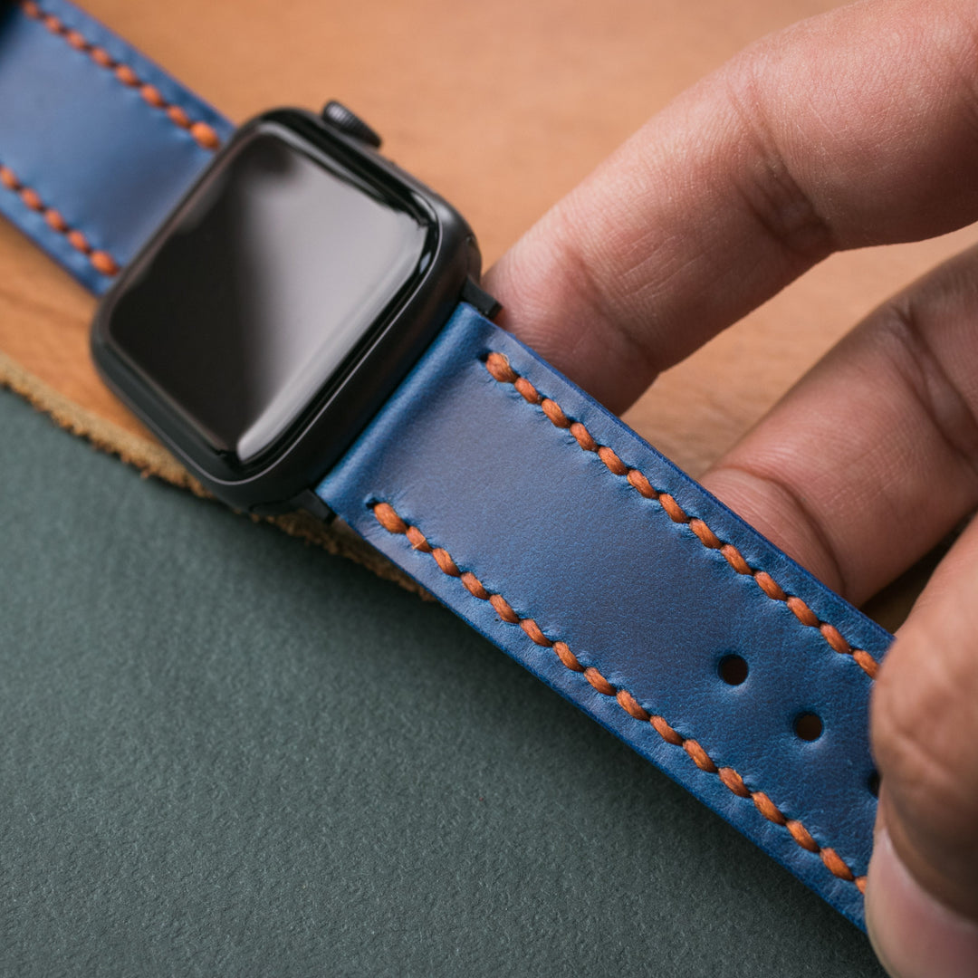 Çift Kat Deri Apple Watch Kayışı - Kobalt Mavi - Roarcraft TR