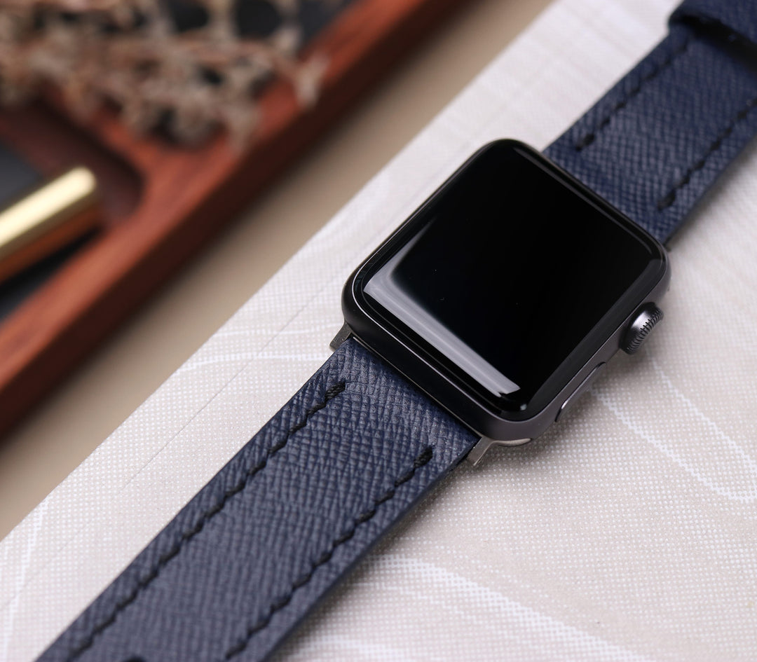 Saffiano Deri Apple Watch Kayış - Gece Mavisi - Roarcraft TR
