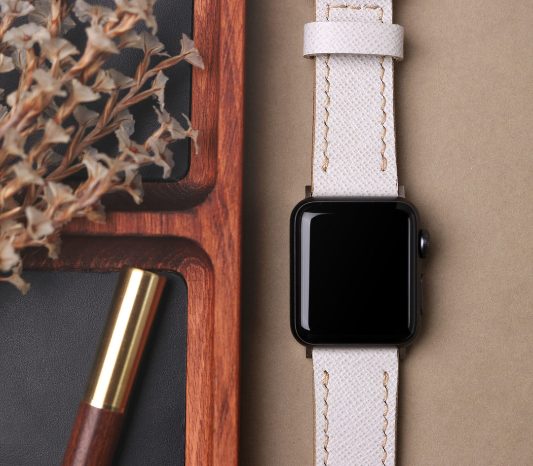 Saffiano Deri Apple Watch Kayış - Kar Beyaz - Roarcraft TR