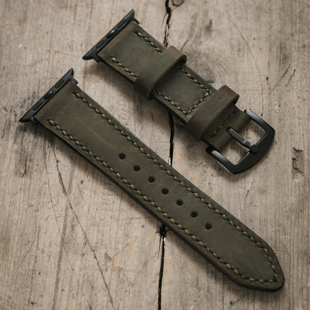 Çift Kat Deri Apple Watch Kayışı - Antik Yeşil - Roarcraft TR