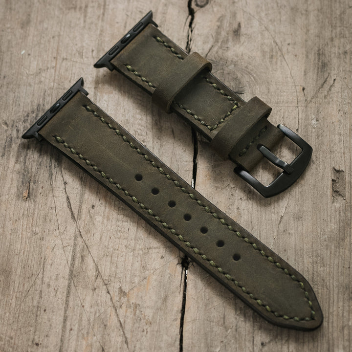 Çift Kat Deri Apple Watch Kayışı - Antik Yeşil - Roarcraft TR
