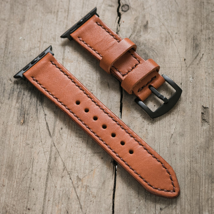 Çift Kat Deri Apple Watch Kayışı - Konyak - Roarcraft TR
