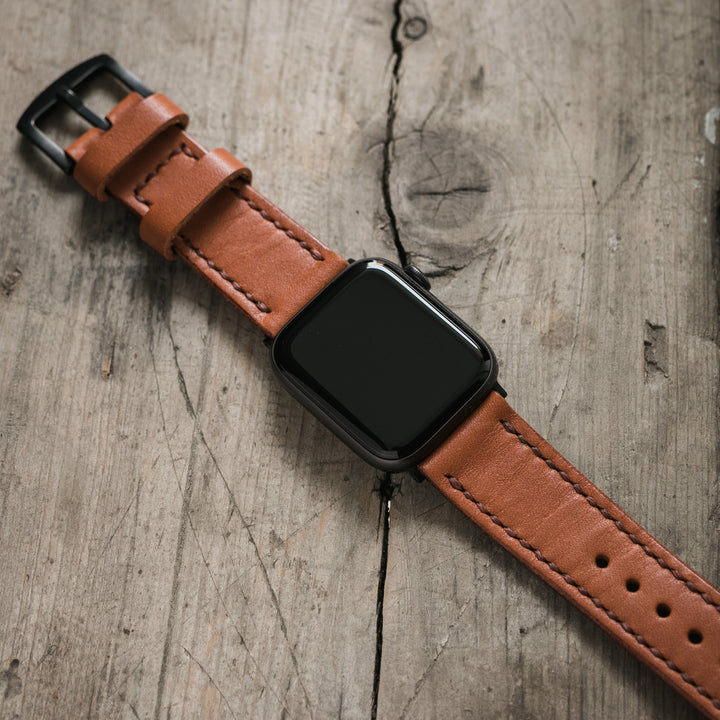 Çift Kat Deri Apple Watch Kayışı - Konyak - Roarcraft TR