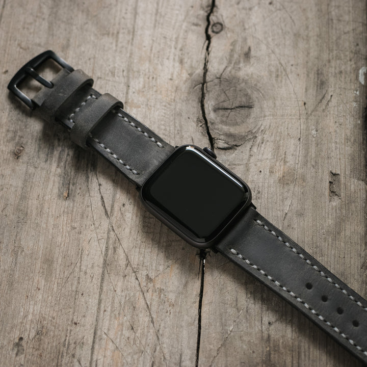 Çift Kat Deri Apple Watch Kayışı - Antik Gri - Roarcraft TR