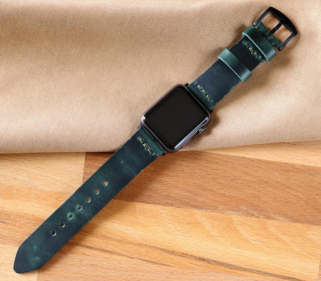Tek Kat Deri Apple Watch Kordon - Orman Yeşili - Roarcraft TR