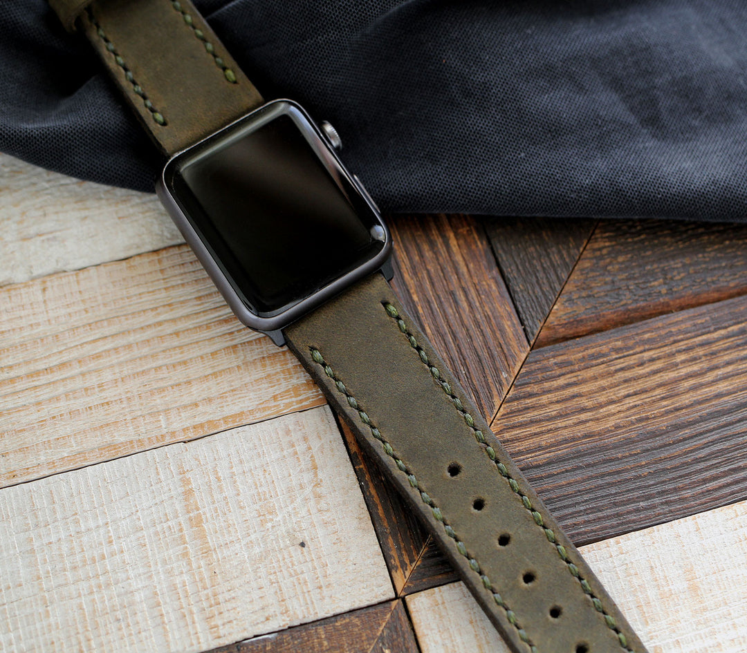 Özel Yapım Apple Watch Deri Saat Kayışı - Antik Yeşil