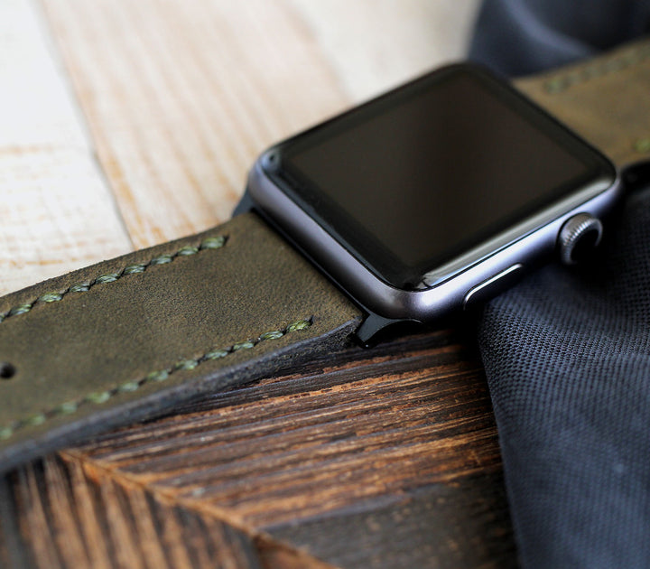 Özel Yapım Apple Watch Deri Saat Kayışı - Antik Yeşil