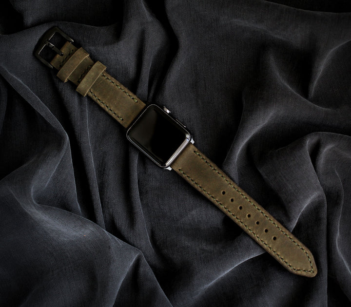 Özel Yapım Apple Watch Deri Saat Kayışı - Antik Yeşil