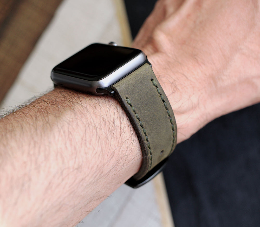 Özel Yapım Apple Watch Deri Saat Kayışı - Antik Yeşil