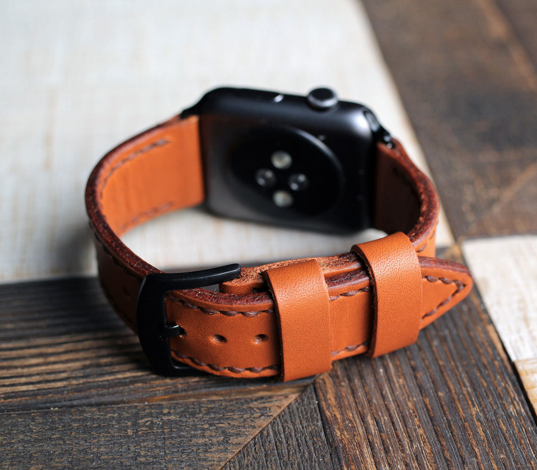 Özel Yapım Apple Watch Deri Saat Kayışı - Konyak