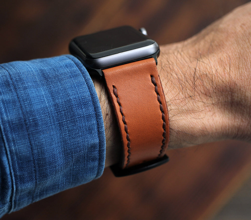Özel Yapım Apple Watch Deri Saat Kayışı - Konyak